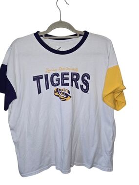 Louisiana‎ State University Tigers White Short Sleeve Ringer Tee Bedazzled Gems
